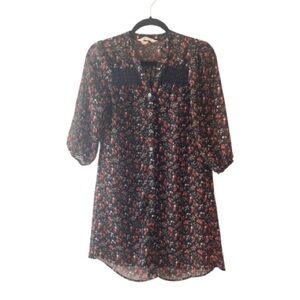 Black Poppy Button Down Floral Shirt Dress Womens XS Boho Long Sleeve Tunic Mini